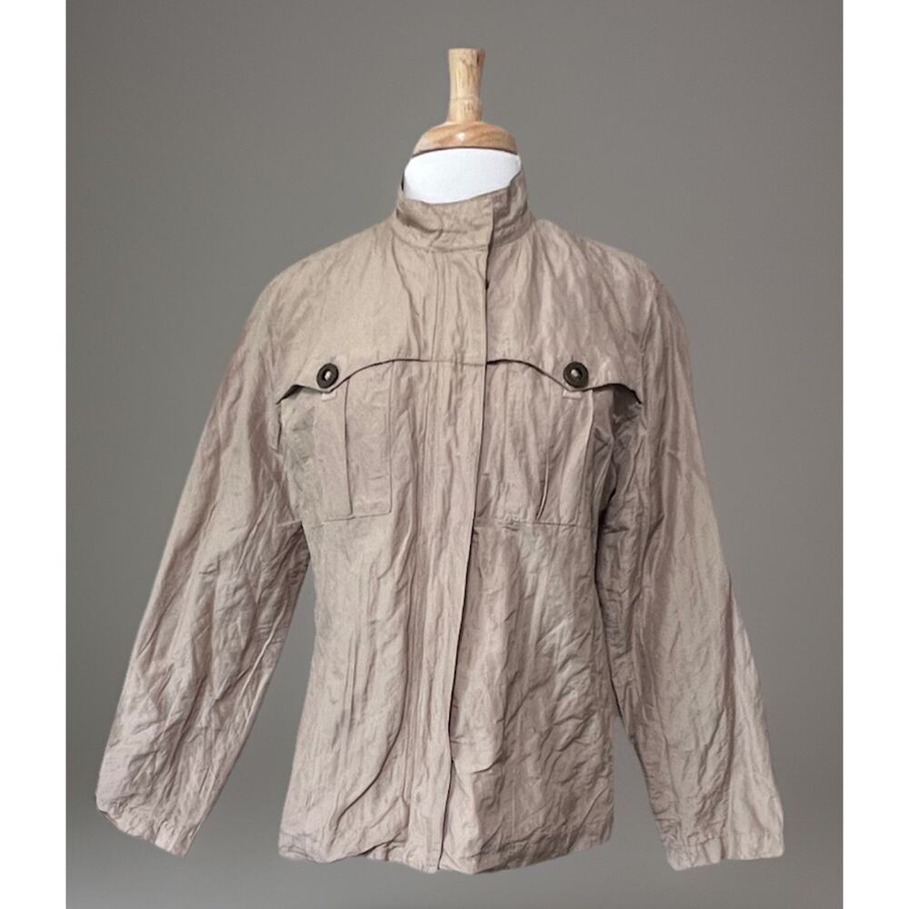 Chicos Womens 2 L Silk Blend Tan Khaki Lightweight Preppy Casual Zip Jacket